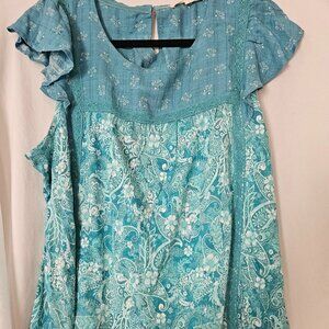 Rewind Junior XL short sleeve Peakcock and Teal floral pasley stretchy top
